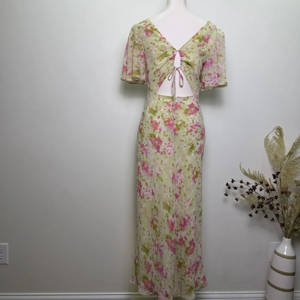 ASTR Tie Back Flutter Sleeve Open Back Cut Out Maxi Dress in Lime Pink Floral L - Picture 5 of 9